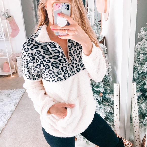 White Gray Sherpa Leopard Pullover - Picture 1 of 8